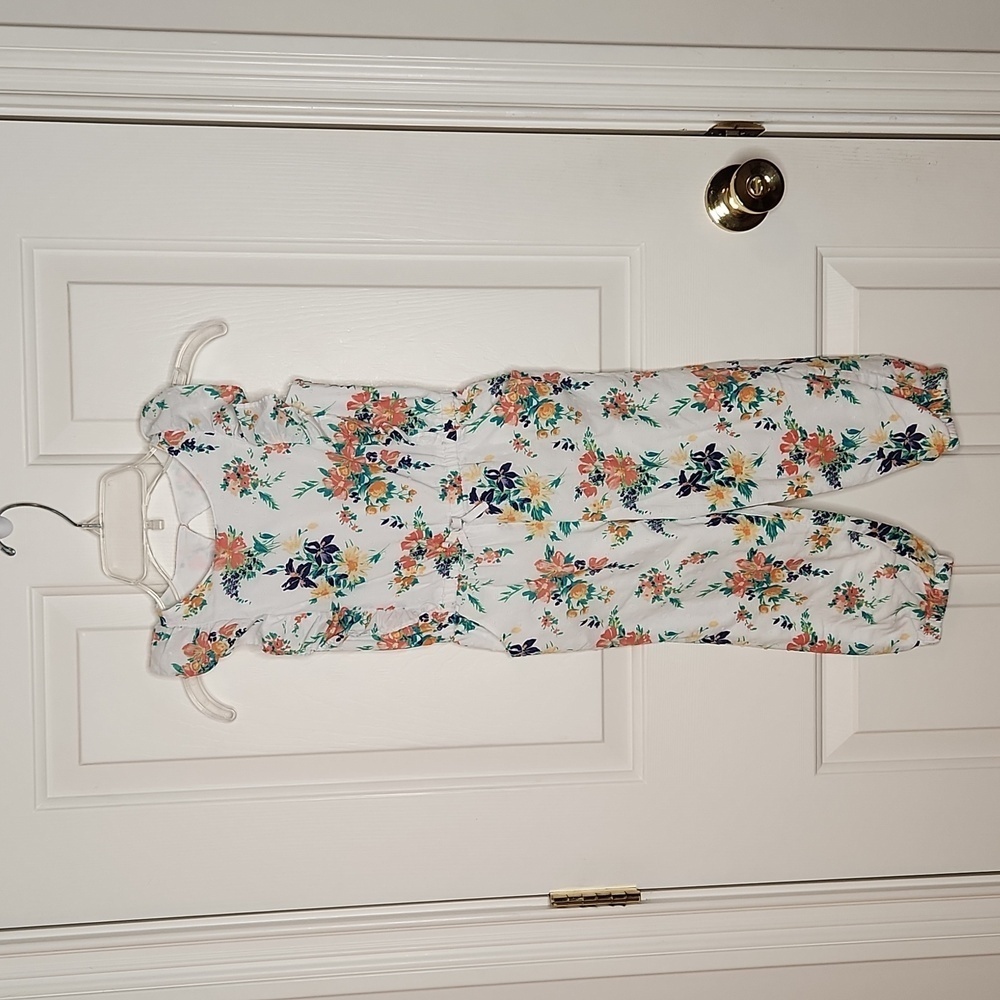 Janie and Jack White Floral Swiss Dot Ruffle Jumpsuit Size 4